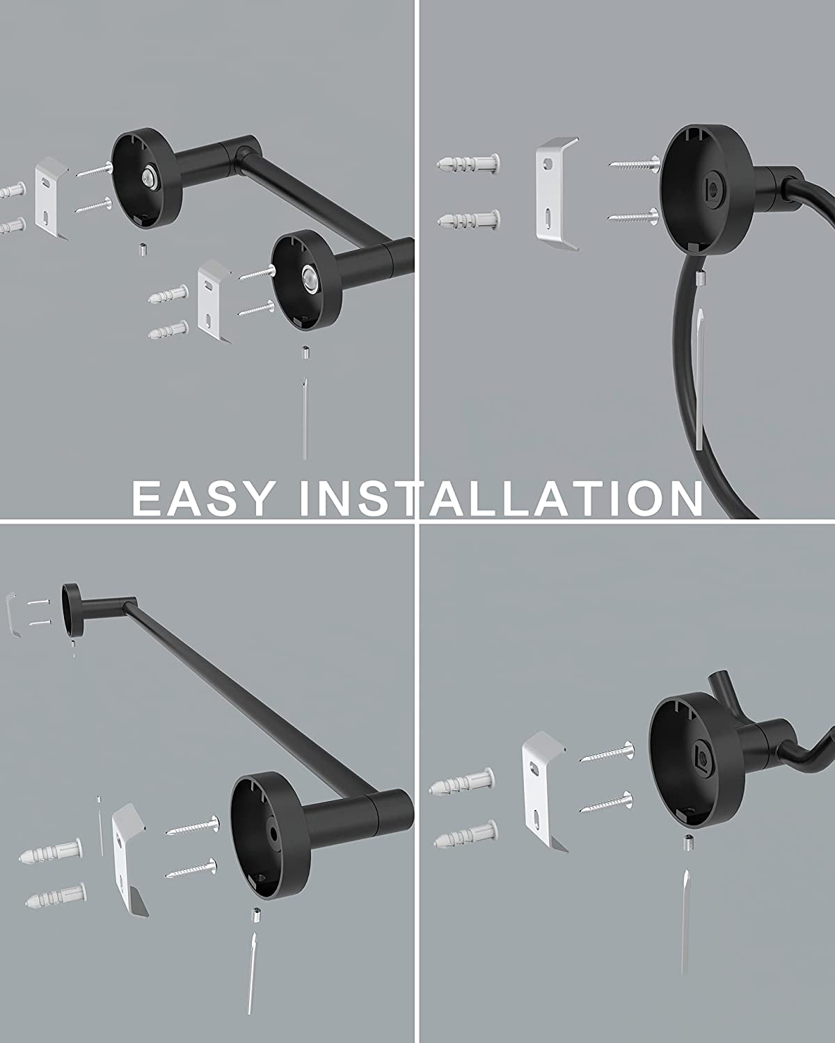 4 Pieces Bathroom Hardware Accessories Set (18-Inch Single Towel Bar, Towel Ring, Toilet Paper Holder, Double Towel Hooks) Matte Black Stainless Steel and Zinc Alloy Wall Mounted