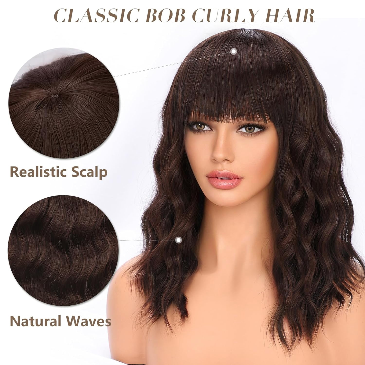 DOPI Short Wavy Wig with Bangs for Women Shoulder Length Bob Curly Women's Charming Synthetic Wigs with Natural Wavy Black To Brown Heat Resistant Hair for Daily Party Use