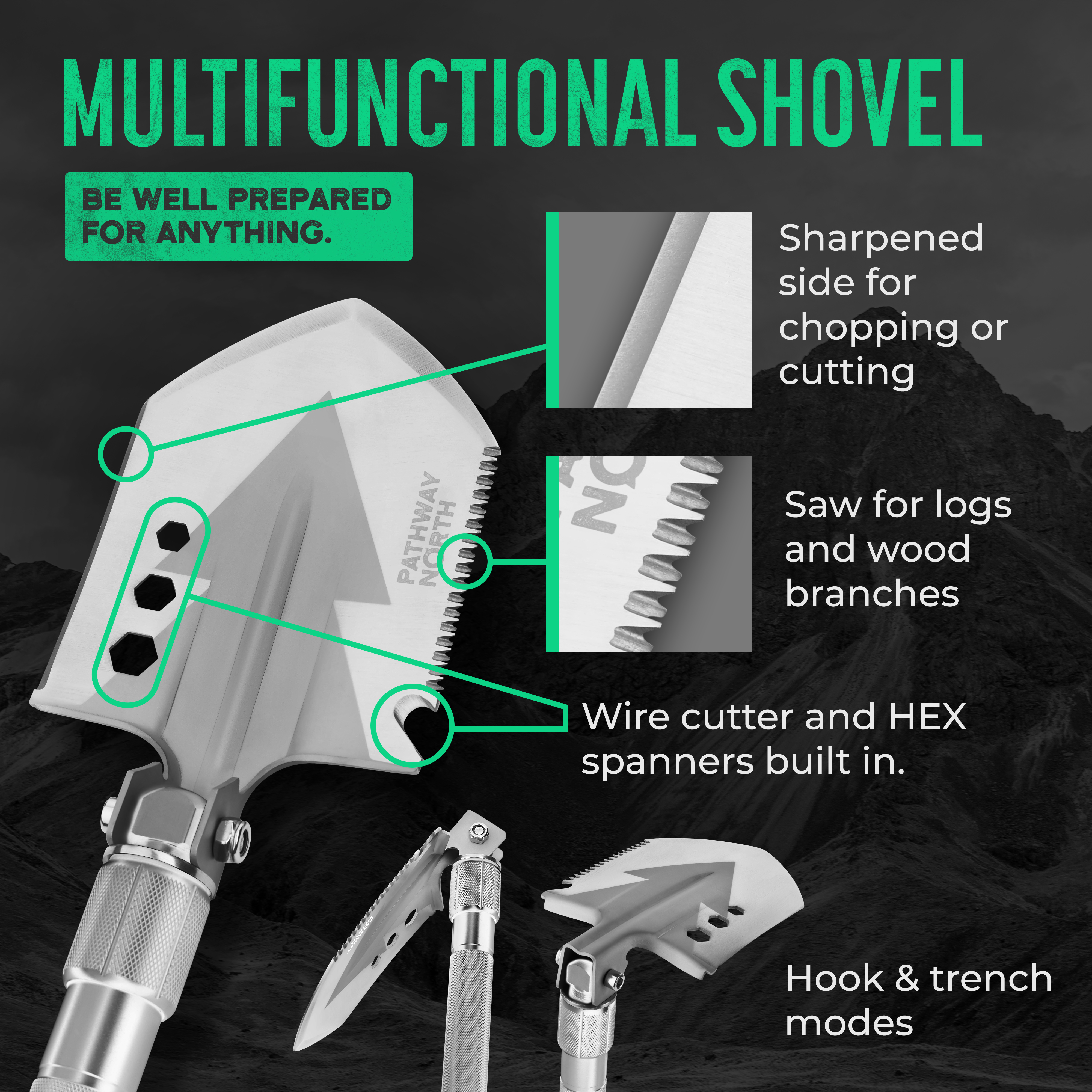 Pathway North Survival Shovel and Camping Axe – Stainless Steel Tactical, Survival Multi-Tool and Survival Hatchet Equipment for Outdoor Hiking Camping Gear, Hunting, Backpacking Emergency Kit - image 3 of 8