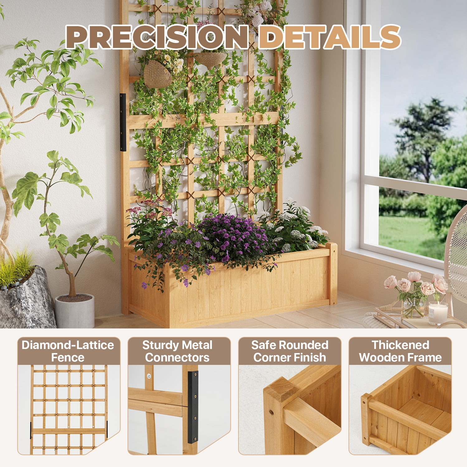 BaPiPro Tall Wood Planter Box with Trellis - 35"W x 72"H Raised Garden Bed with Hanging Roof, Outdoor Elevated Planter for Climbing Plants, Flowers