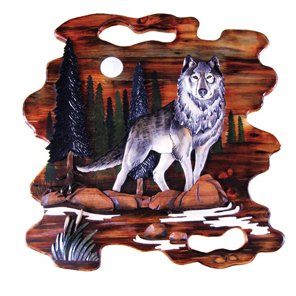 Zeckos Wolf Hand Crafted Intarsia Wood Art Wall Hanging 26 X 26 X 2.5 inches