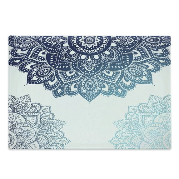 Flora Cutting Board, South Mandala Design Vibrant Color Ornamental Illustration, Decorative Tempered Glass Cutting and Serving Board, Large Size, Pale Blue Dark Blue, by Ambesonne