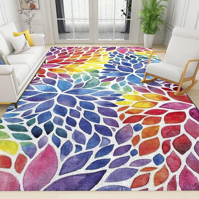 Purple Red Yellow Gradient Petals Area Carpet, Modern Abstract Floral Texture Floor Rugs, Soft Non-Slip Washable Light Weight for Living Room Bedroom Dining Room Hallway Decor6 x 8ft