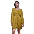 thumbnail image 1 of Bimba Gold Leaves & Flowerpecker Bird Button Down Midi Dress Women Tunic Long Sleeve Smocked Top-X-Large, 1 of 7