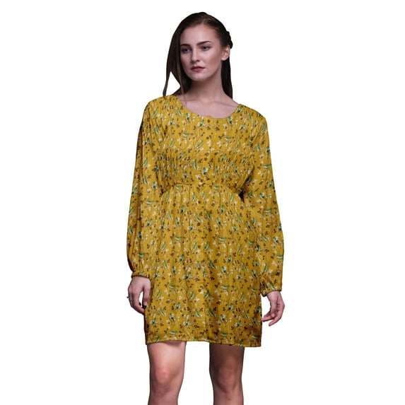 Bimba Gold Leaves & Flowerpecker Bird Button Down Midi Dress Women Tunic Long Sleeve Smocked Top-X-Large
