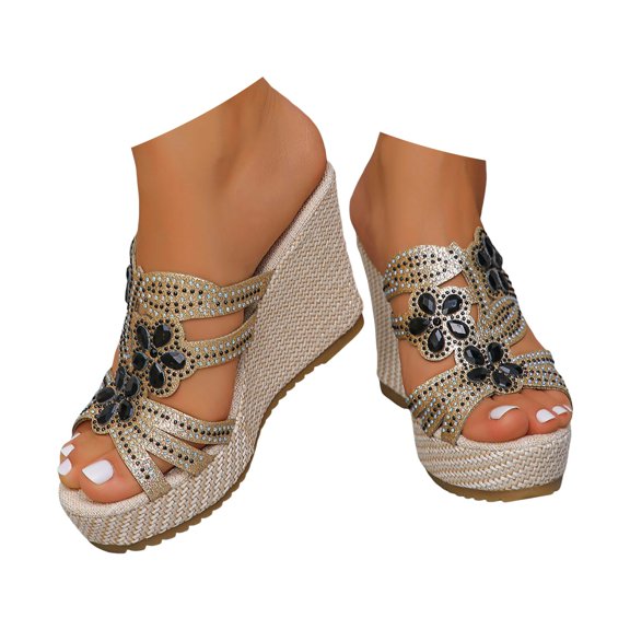 Womens Flower Crystal Slip on Sandals Boho Beach Summer Platform Wedge Dressy Heeled Slippers for Ladies
