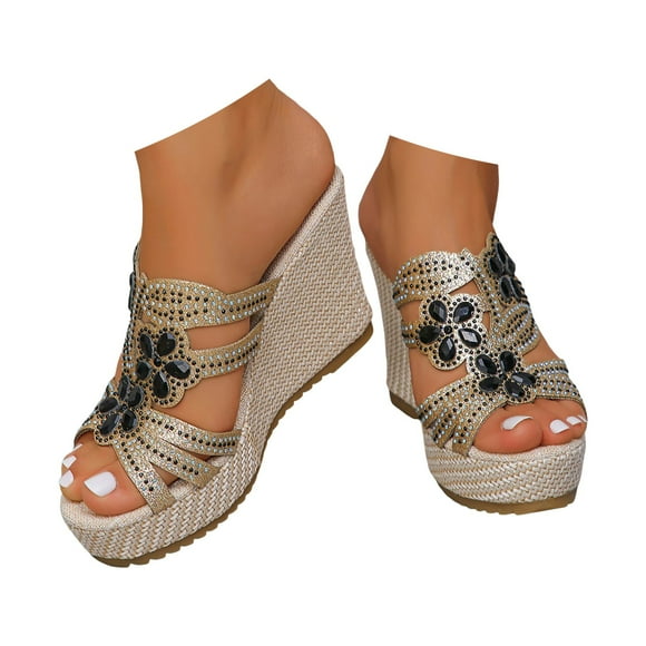 Womens Flower Crystal Slip on Sandals Boho Beach Summer Platform Wedge Dressy Heeled Slippers for Ladies