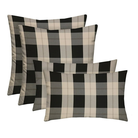 RSH Decor Traditional Indoor Outdoor Black Farmhouse Plaid Throw Pillows, 4 Count, Square 17” x 17” and 2 – Lumbar 20" x 12",