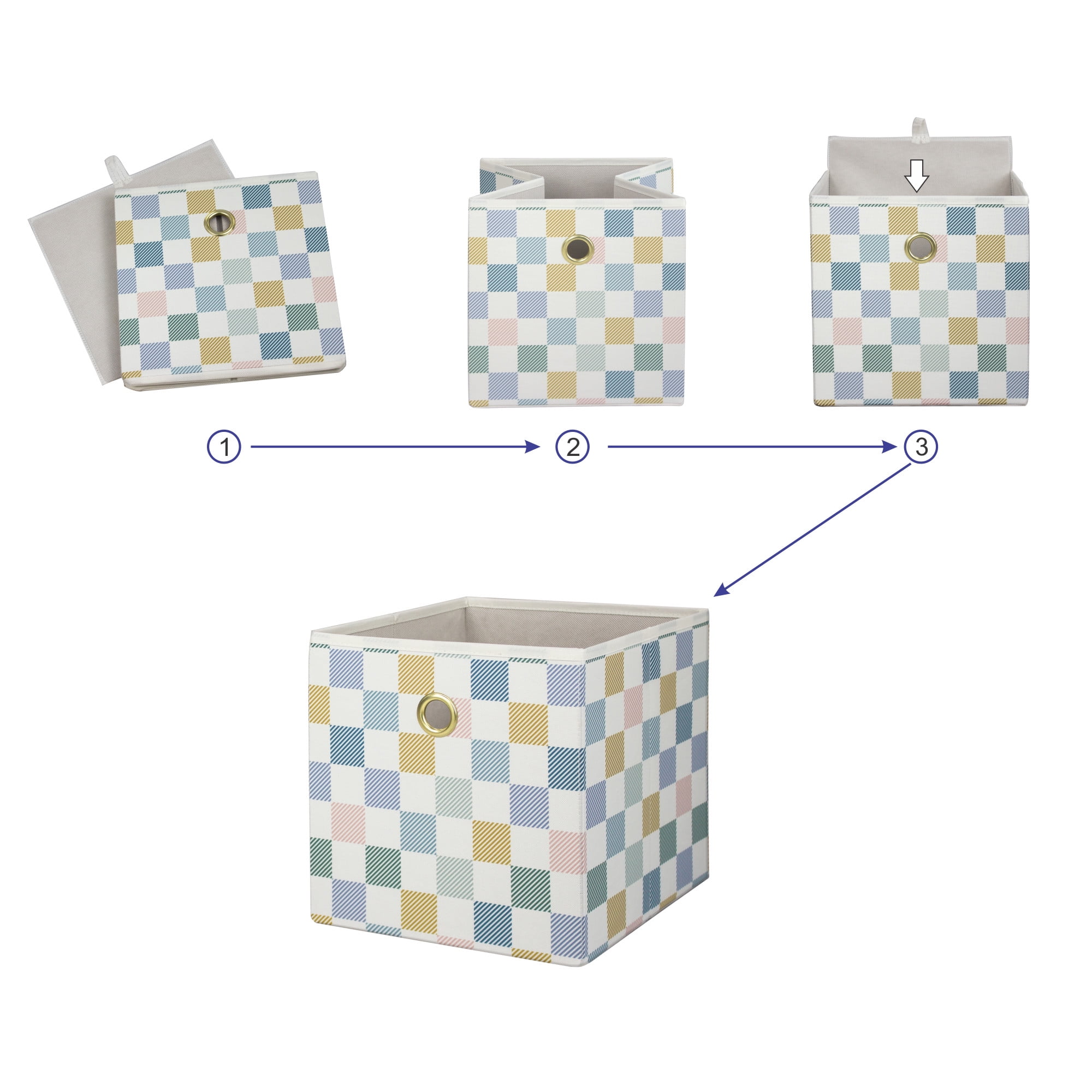(2 pack) Mainstays Collapsible Fabric Cube Storage Bin, Multi Check, Closet Organizer with Metal Handle, 10.5 Inch