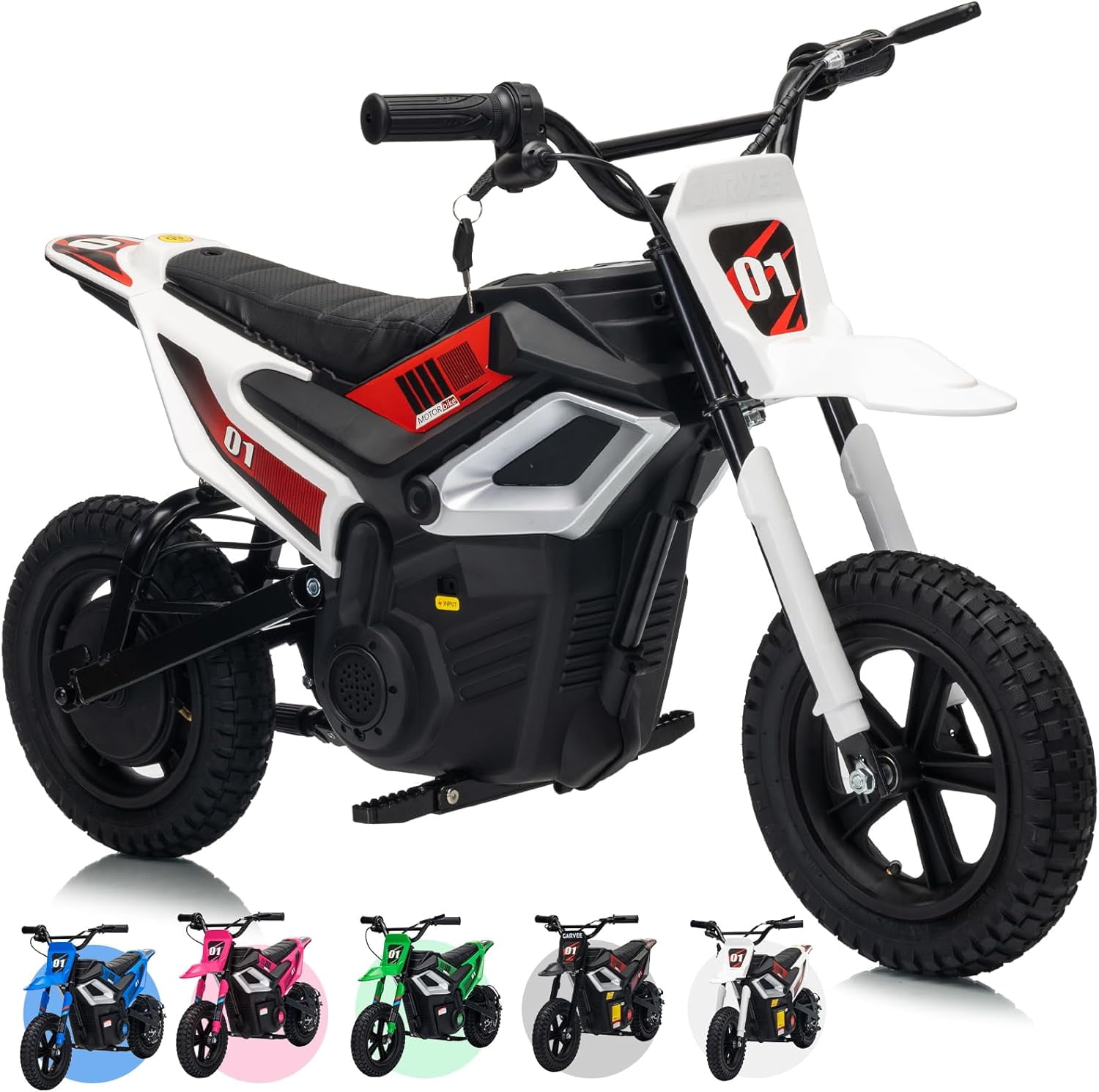 Rugerasy 24V Electric Dirt Bike,Ride on Motorcycle with Rear Wheel Suspension,12 Miles Range,Twist Grip Throttle,Rubber Tire,Birthday & Xmas Gifts,White