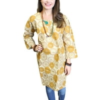 Mogul Womens Yellow Tunic Dress Printed Cotton Boho Chic Long Kurti M