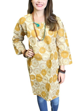 Mogul Womens Yellow Tunic Dress Printed Cotton Boho Chic Long Kurti M