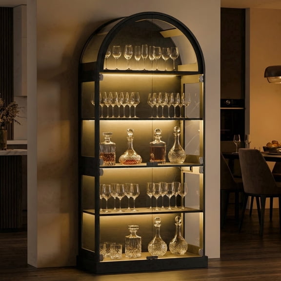 TopComfy 71in Arched Glass Display Cabinet with LED Lights, 34in Wide Wood Storage Bookcase with Adjustable Lighting for Living Room&Dining Room-Black