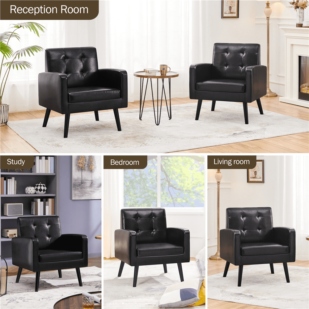 Alden Design Mid Century Modern Faux Leather Accent Chair with Solid Wood Legs, Set of 2, Black