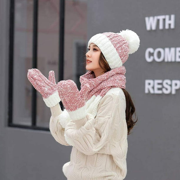 Ensemble chapeau, écharpe et gants - Rose - Hiver - Bonnet bébé - Écharpe -  Gants - Pour enfant - Bonnet d'hiver 