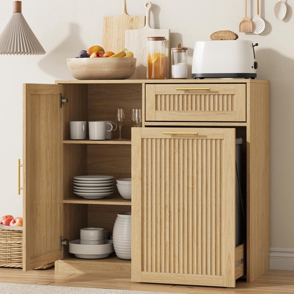 Kitchen Trash Can Cabinet, Single Hidden Pull Out Trash Storage Organizer, Large Sideboard Coffee Bar Cabinet, Modern Farmhouse Wooden Storage Furniture For Dining Room Kitchen, Natural Oak
