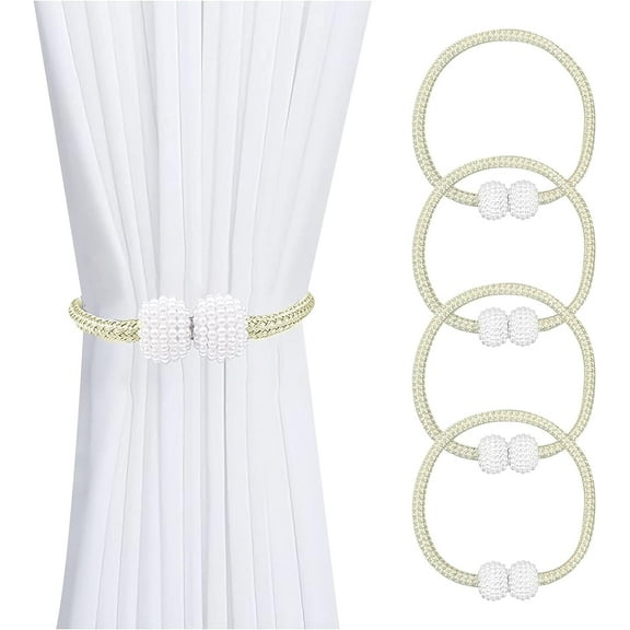 Magnetic Curtain Tie Backs, 4pcs Shower Curtain Tiebacks with Long Pearl Ball, 40cm Rope Curtain Holdback Curtain Holder Buckles for Home, Office, Hotel (beige)