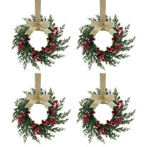 BinKFF 4 Pcs 4" Mini Christmas Wreath Mini Cabinet Wreaths for Kitchen Christmas Red Berry with Red and Black Plaid Bow Farmhouse Wreath for Holiday Xmas Party Decorations