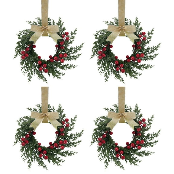 BinKFF 4 Pcs 4" Mini Christmas Wreath Mini Cabinet Wreaths for Kitchen Christmas Red Berry with Red and Black Plaid Bow Farmhouse Wreath for Holiday Xmas Party Decorations