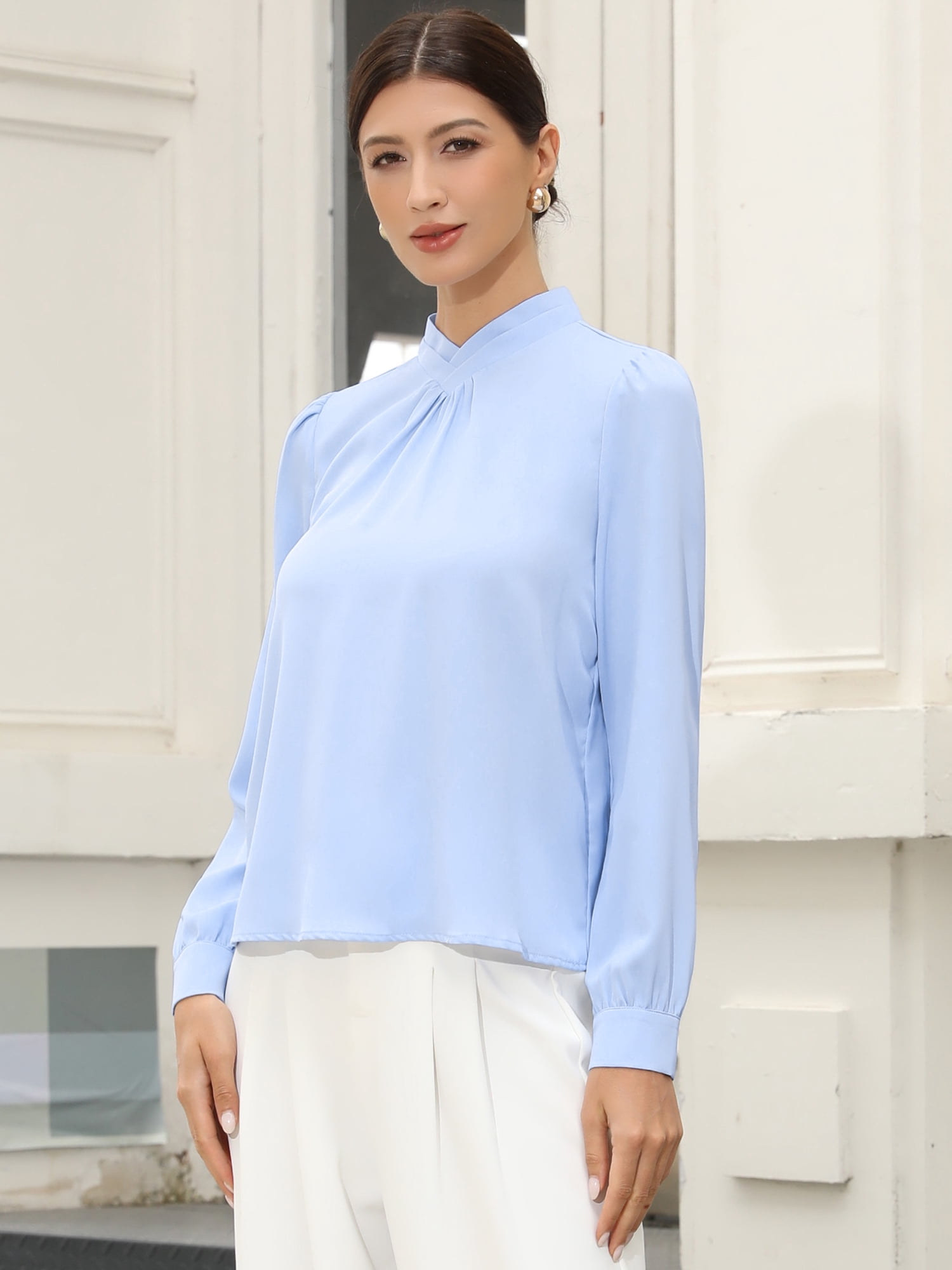 DARING DIVA Women's Work Business Pleat Mock Neck Puff Long Sleeve Blouse M Light Blue