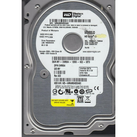 WD800JD-75MSA3, DCM ESBHNTJEA, Western Digital 80GB SATA 3.5 Hard Drive