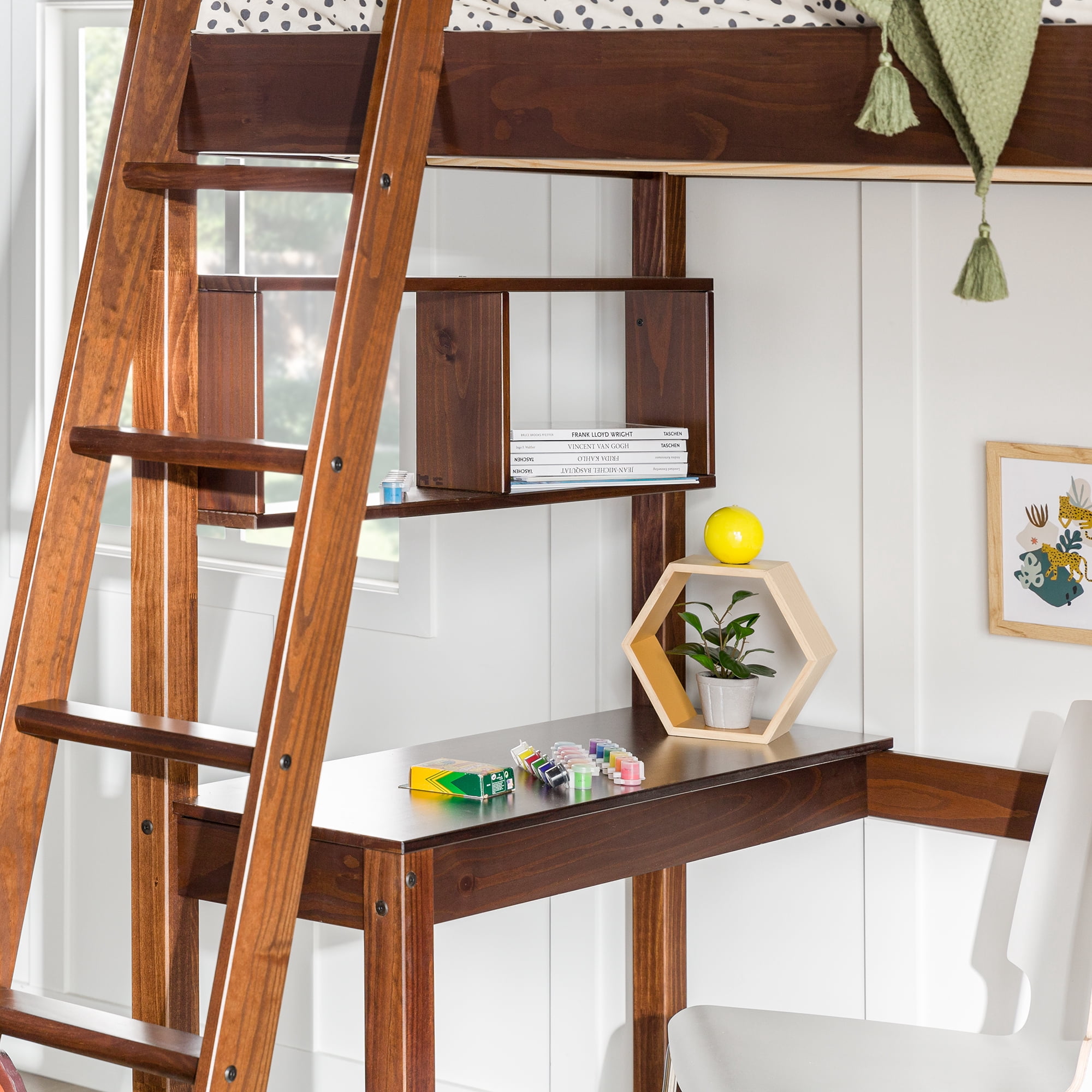 Manor Park Pine Wood Loft Bed Storage, Twin, Walnut