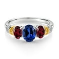 thumbnail image 2 of Gem Stone King 925 Silver and 10K Yellow Gold Oval Blue Created Sapphire Red Rhodolite Garnet and Diamond 3 Stone Ring for Women (2.63 Cttw, Gemstone September Birthstone, Size 6), 2 of 3