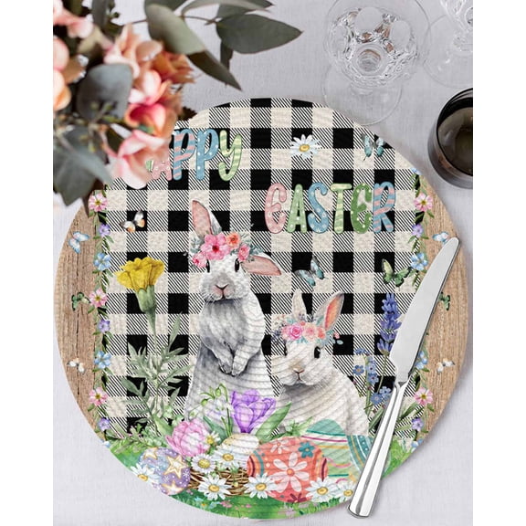 13 Inch Round Placemats Set of 6, Easter Non Slip Heat Insulation PP Table Mats, Spring Rabbit Flowers Colorful Eggs Black Lattice Washable Place Mats for Kitchen Dining Party Table Decor