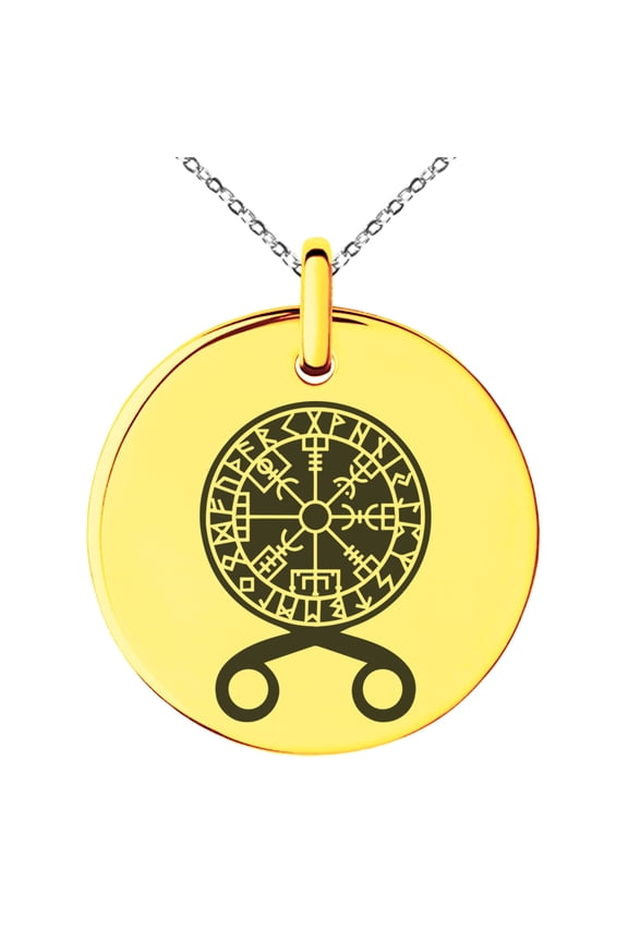 Stainless Steel Binding Vegvisir Troll Cross Runic Viking Engraved Small Medallion Circle Charm Pendant Necklace