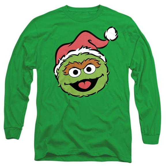 Sesame Street Christmas Santa Hat Oscar The Grouch Face Unisex Adult Long-Sleeve T Shirt, Kelly Green, Medium