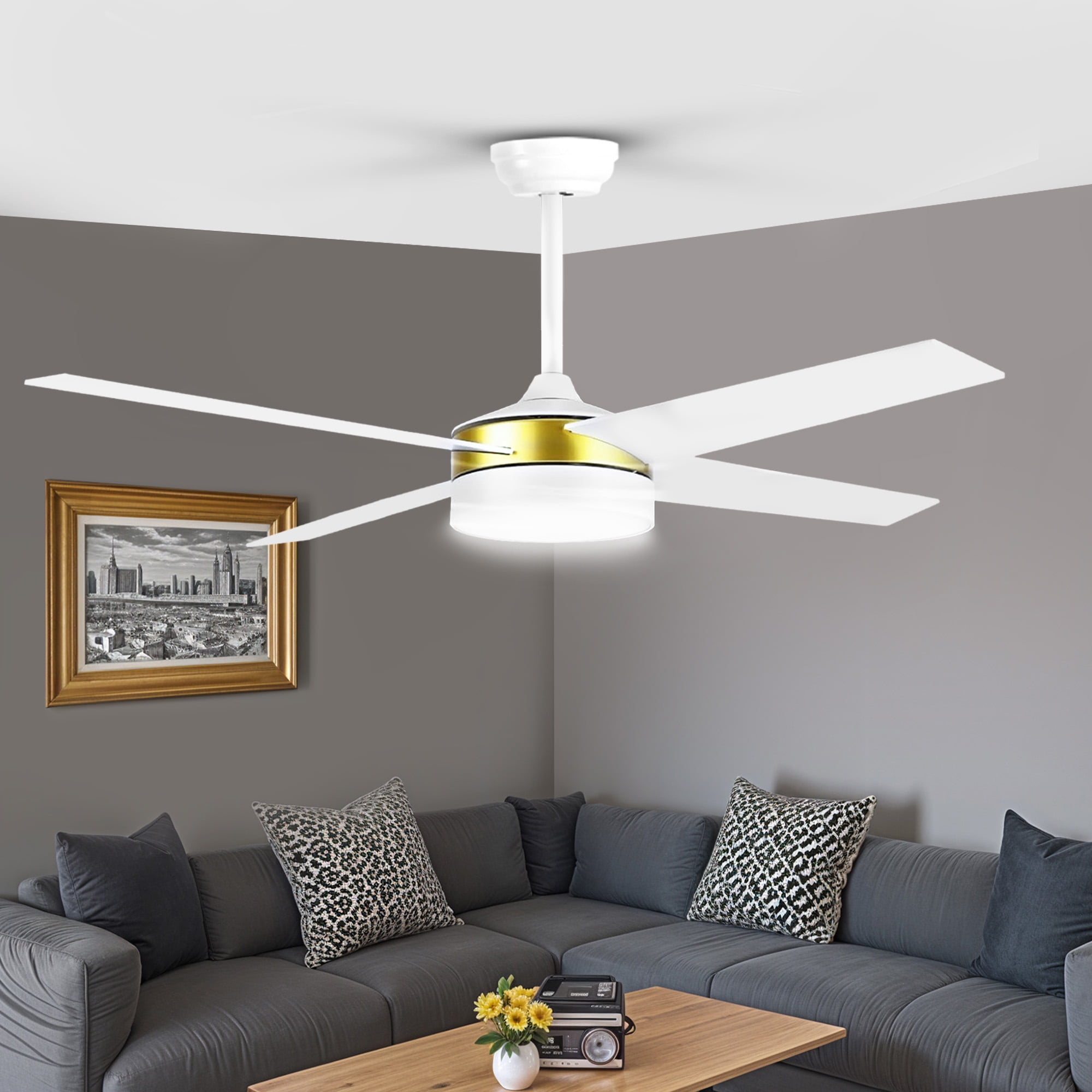 Uforic Ceiling Fans with Light and Remote Control, 52'' White Ceiling Fan with Light, 6-Speed Reversible DC Motor, 4 Wood Fan Blades