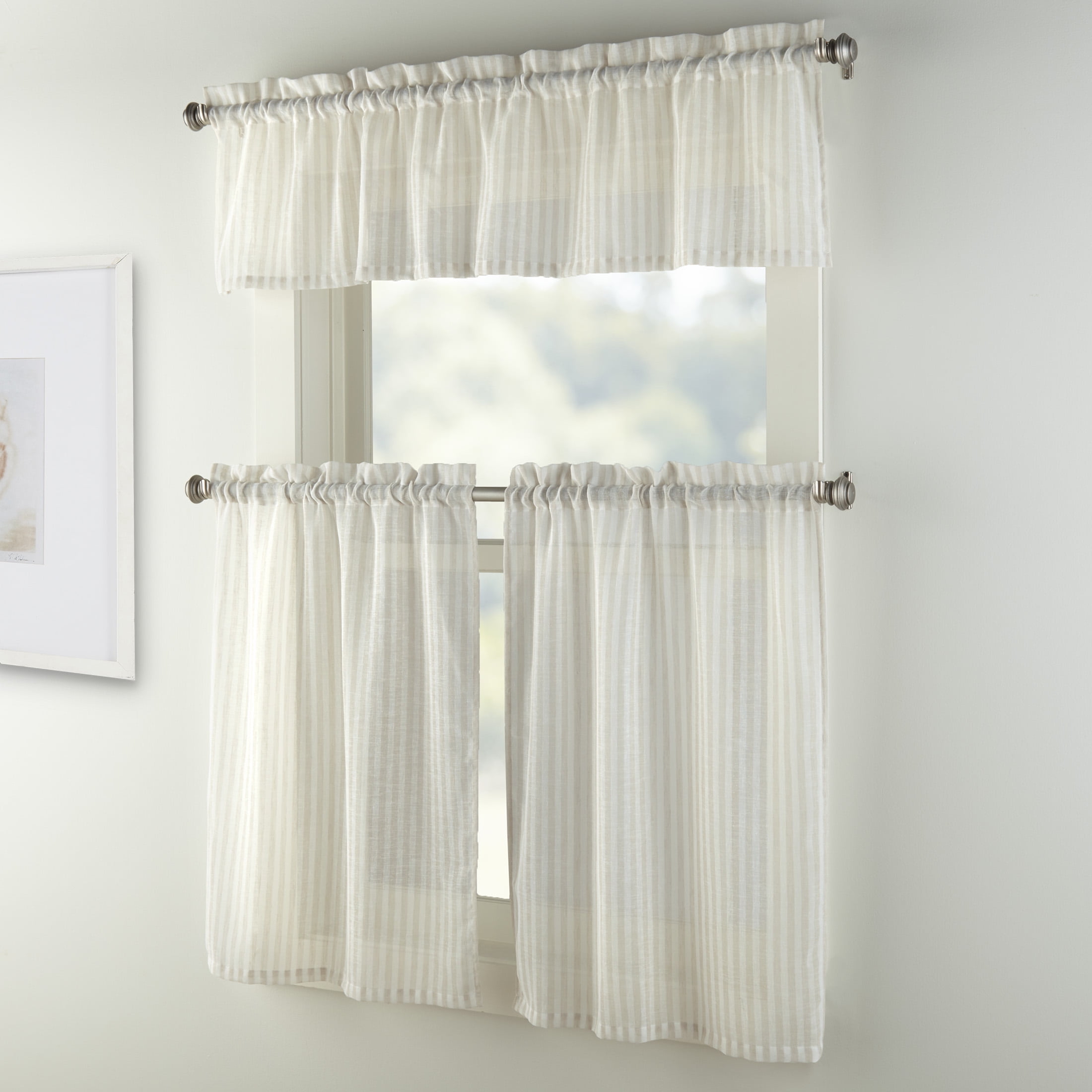 Mainstays Light Filtering Rod Pocket Stripe Curtain Tier and Valance Set, 3pc, 56"x36", Beige