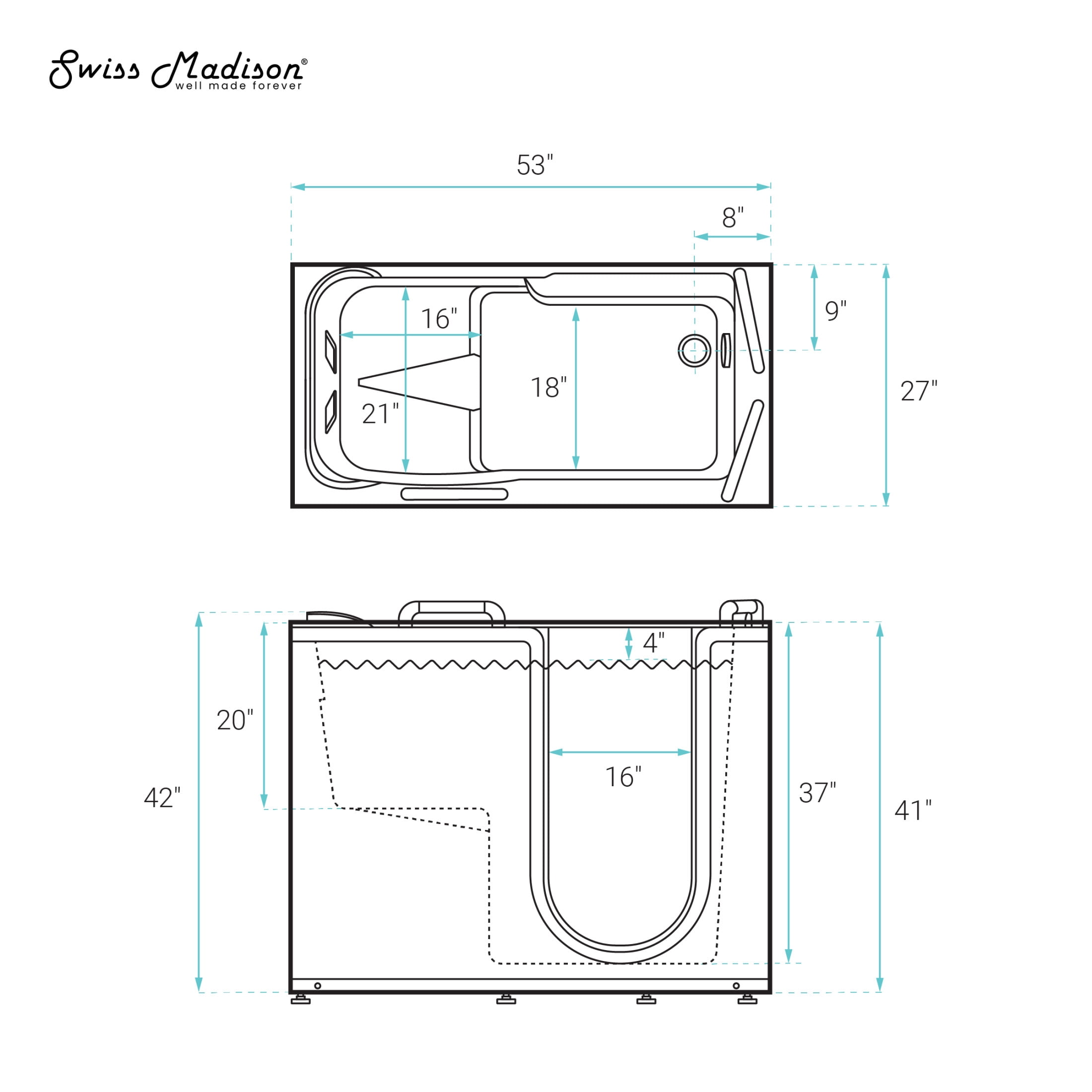 Auvergne 53" x 27" ADA Right Drain Walk-in Soaking Bathtub in Glossy White, Faucet Set, Drain, Grab Bars, Pillow Included