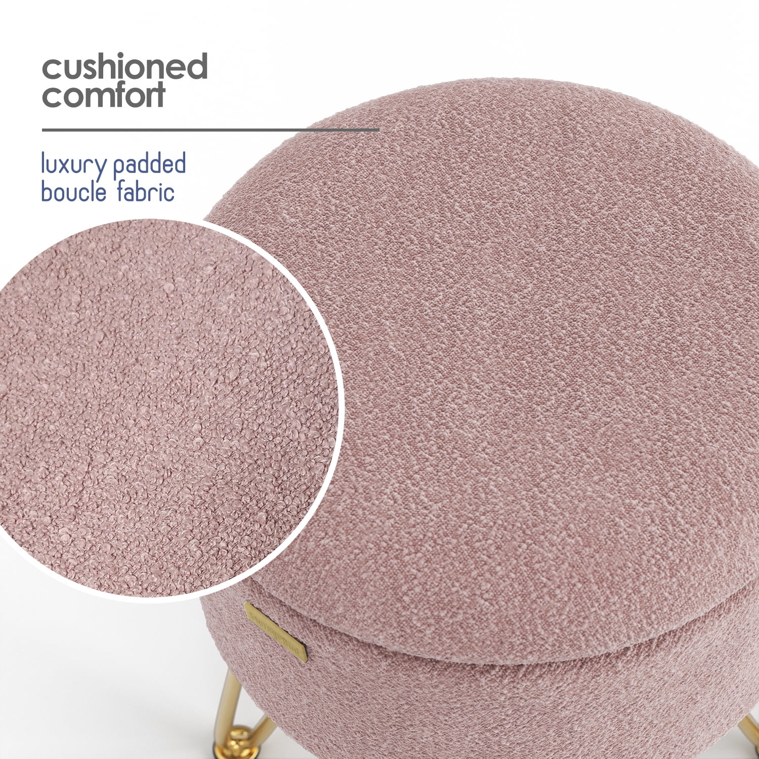 LammaLoe Small Round Ottoman with Storage, Boucle Ottoman Foot Stool with Lid, Upholstered Vanity Stool for Living Room & Bedroom, Pink