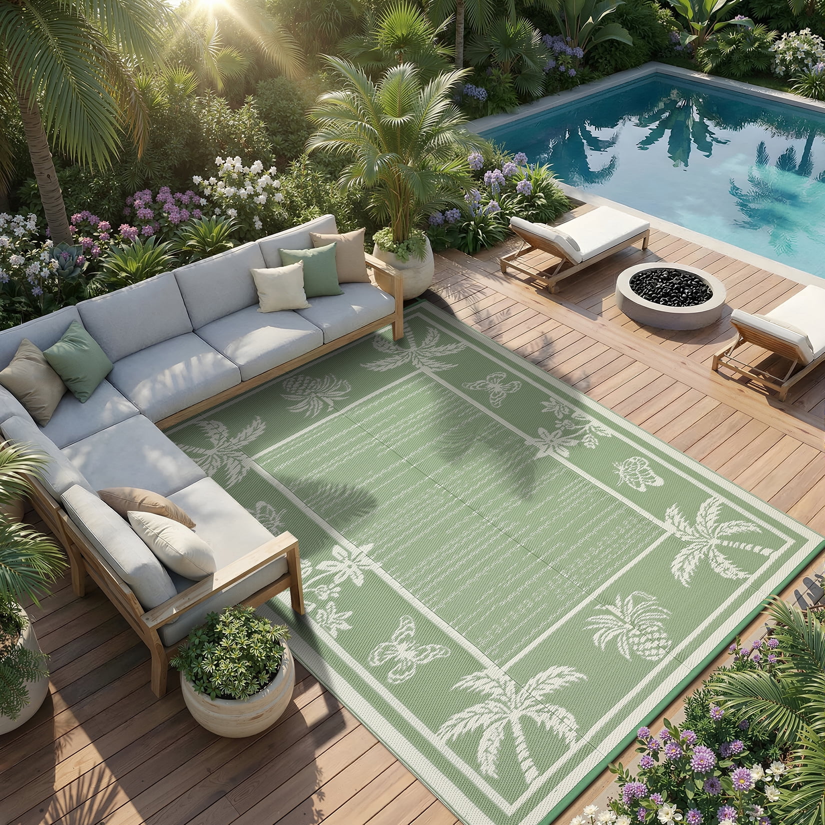 FairOnly 9'x12'Modern Tropical Floral Outdoor Rug Waterproof Reversible & Portable for Patio Poolside & Beach RV,Grey Green