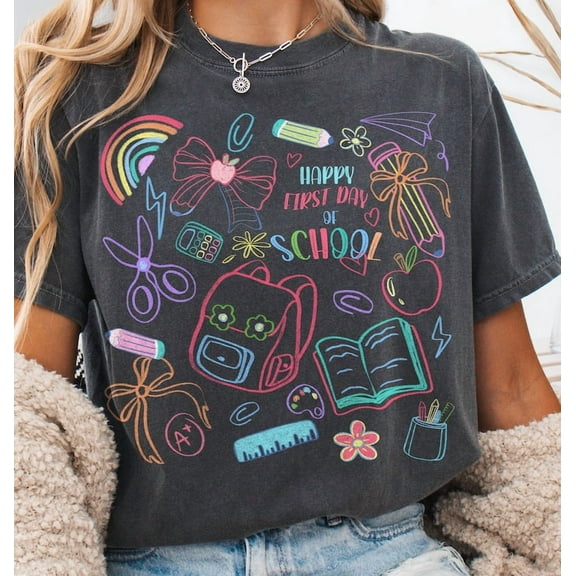 Happy First Day Of School T-Shirt, Back To School T-Shirt, School Doodles T-Shirt, Back To School Shirt, Preppy Teacher T-Shirt, Retro Teacher T-Shirt