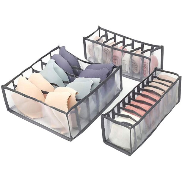 Xiao Hua Organizador de cajones para ropa interior, calcetines y sujetadores, plegable, para guardar ropa interior, sujetadores, calcetines, medias, bufandas, corbatas y pañuelos (gris), 3 unidades