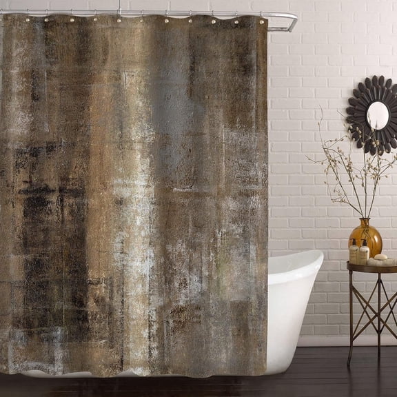Tan Brown Rustic Farmhouse Shower Curtain Set 72x72 Inch- Rustic Abstract Wood Fabric Bathroom Decor with Copper Vintage Accents
