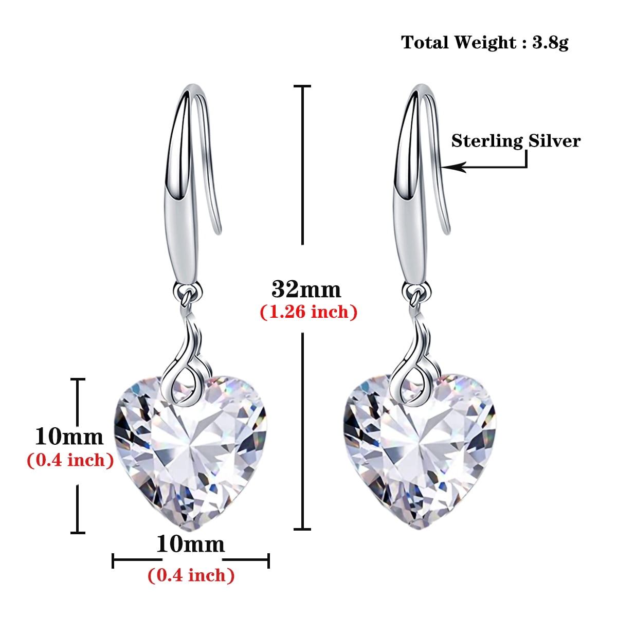 s925 Sterling Silver Love Heart 5A Cubic Zirconia Crystal Women Drop Dangle Earrings