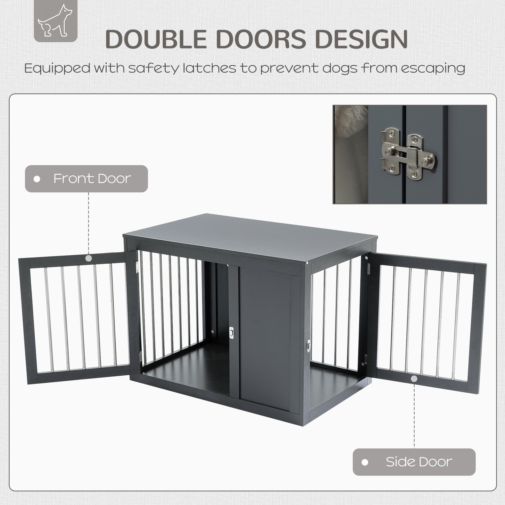 PawHut Dog Crate Furniture Wire Pet Cage Wooden Dog Kennel, End Table with Double Doors, and Locks, for Medium and Large Dog House Indoor Use, Grey