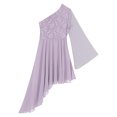 thumbnail image 5 of YiZYiF Women's Praise Dance Dress One Shoulder Flared Sleeve High Low Hem Church Worship Overlay Tunics Light Purple S, 5 of 7