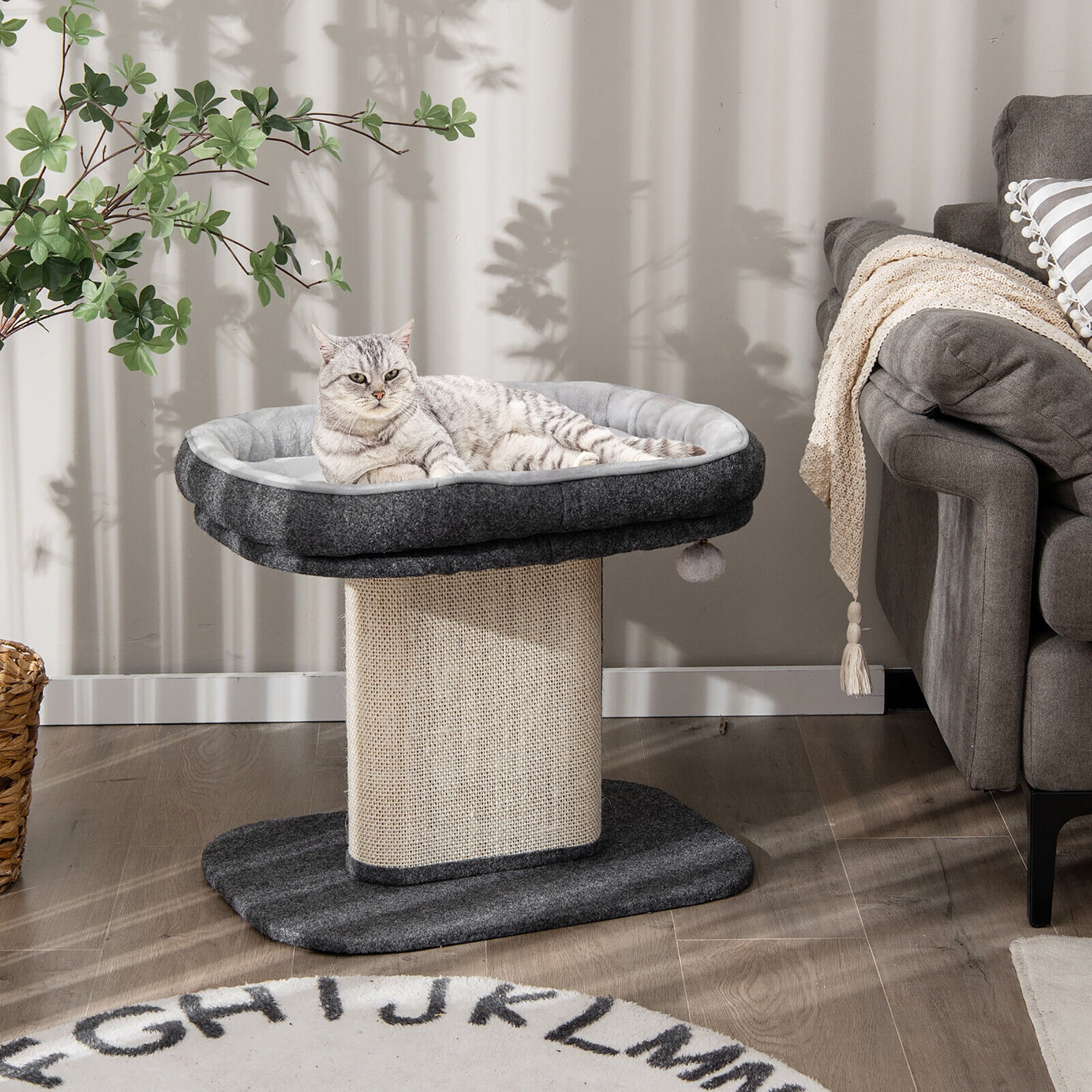 Gymax Modern Cat Tree Tower Cat Activity Tower w/ Large Plush Perch Grey