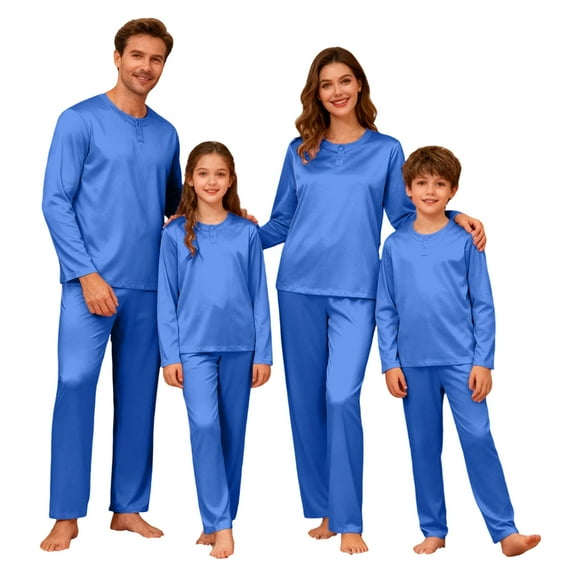 HNMKIU Satin Silk O-Neck with Button Pajamas Set Two-Piece Christmas Pajamas for Family Long Sleeve Sleepwear Loungewear Nightwear Pants for Kids Blue,Kids_160
