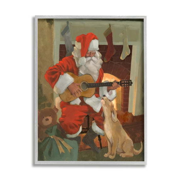 Stupell Industries Santa Clause Playing Guitar Christmas Family Dog Singing Holiday Painting Gray Framed Art Print Wall Art, 11 x 14