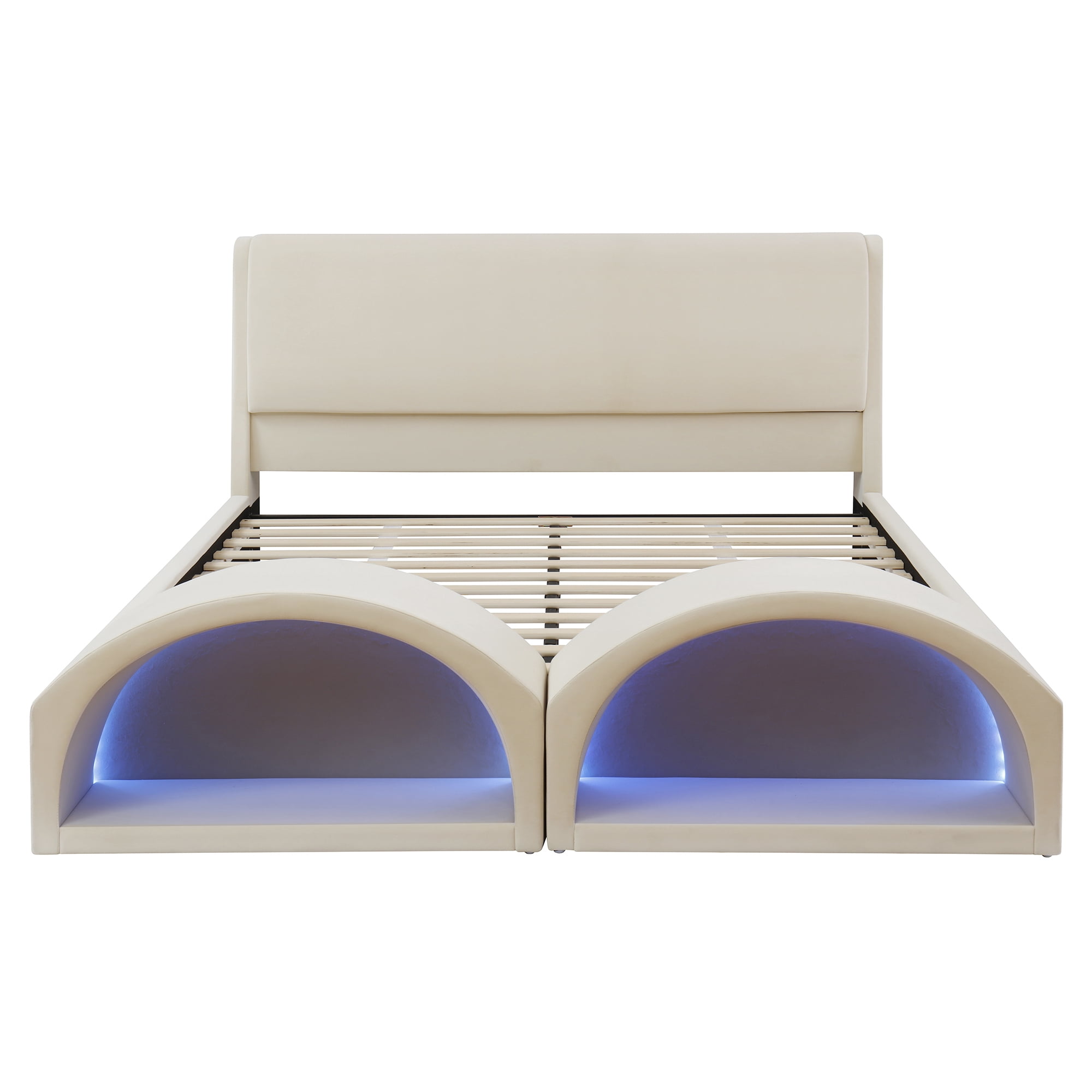 Queen Size Upholstered Platform Bed Frame with Dual Cat Caves and LED Lighted Pet Nests