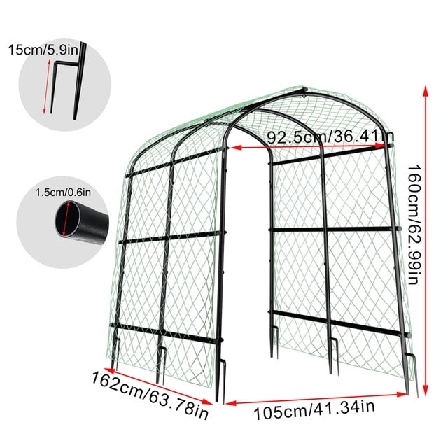 41x63x63" Black Iron  Garden Trellis Arch Support for Plants Vegetables Flowers, Nylon Mesh