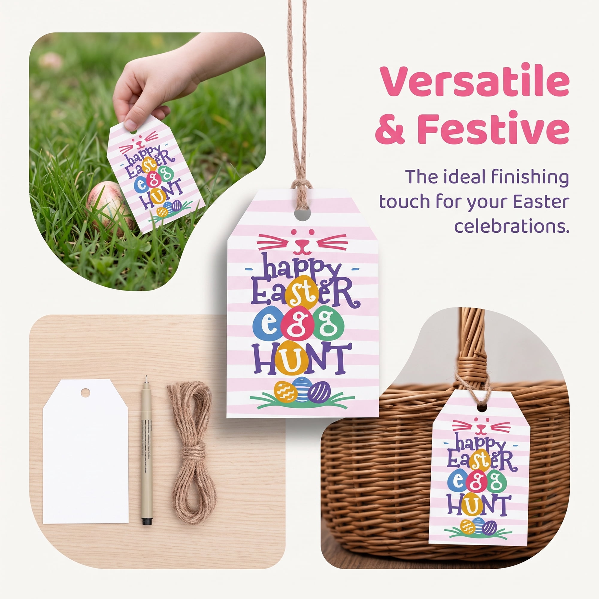 Unique Bargains 100Pcs Easter Gift Tags with Twine for Wrapping Pink 2" x 3.1"