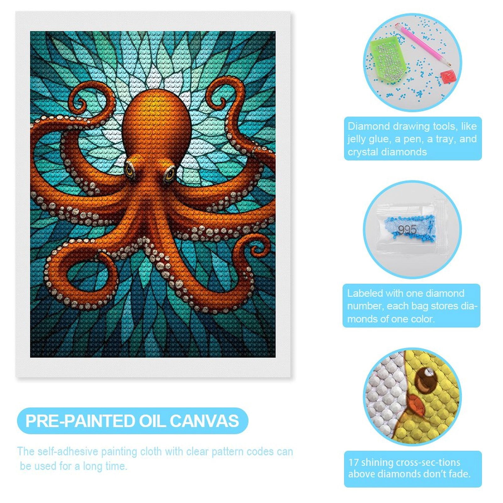 Diamond Art Kit for Adults, Orange Octopus Blue Mosaic Ocean Diamond Painting for Adults Beginners, 5D DIY Diamond Art Painting Kits, Colorful Diamond Painting Craft for Home Decor 12x16