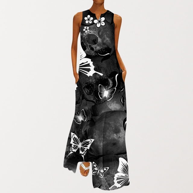 SMihono Robe Maxi Bohème d'Été pour Femmes Grande Taille Mode d'Été Imprimée Col en V Sans Manches Robe à Enfiler avec Poches Robe de Plage