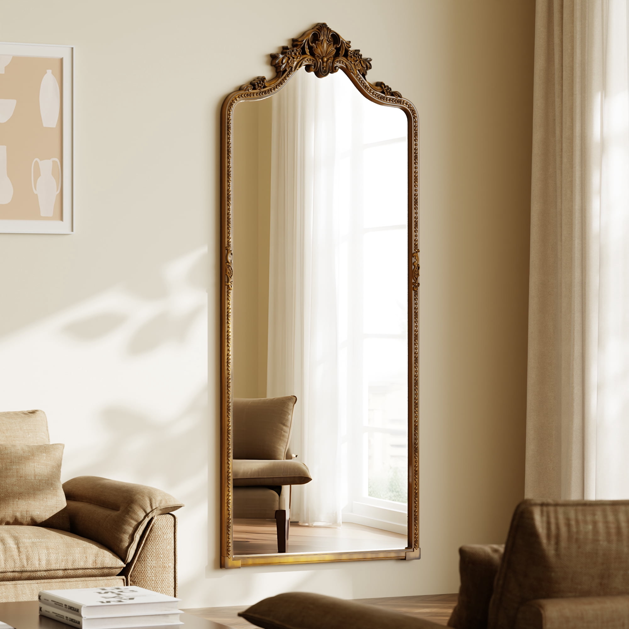 Easy4Home 69"x28" Arched Full-Length Floor Mirror, Luxurious Vintage Design with Ornate Carving, Antique Gold